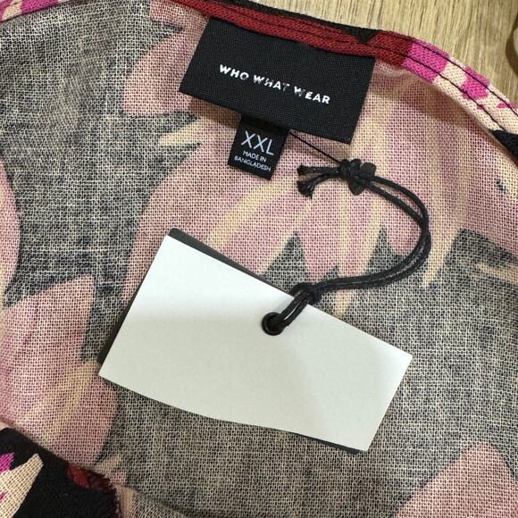 WHO WHAT WEAR Puff Sleeve Linen Blend Dress NEW Size XXL Pink Black Leaf Print - Picture 7 of 11